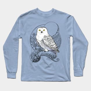 Snowy Owl Doodle in a wintery scene Long Sleeve T-Shirt